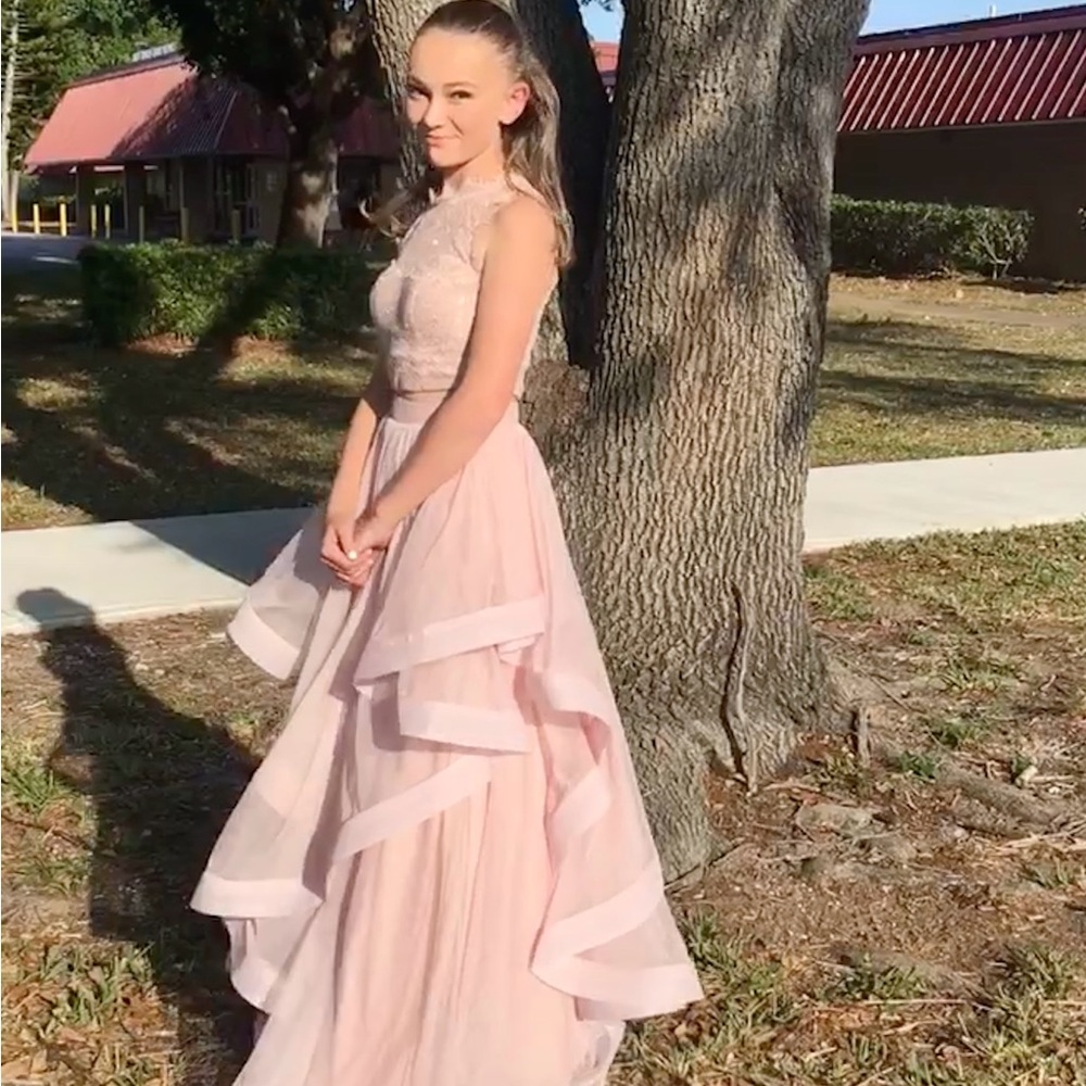 Pink Ruffled Tiered Halter Two Piece Gown for Prom